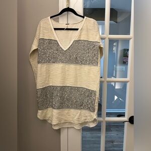 Fabulous embellished striped Free People Cream and Gray Tunic Top sz S NWT